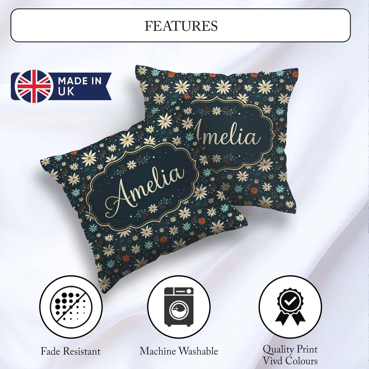 Custom Name Dark Floral Starburst Seamless Pattern Elegant Night Square Filled Cushion Throw Pillow Sofa Bed Home Decor Zip Washable UK Made