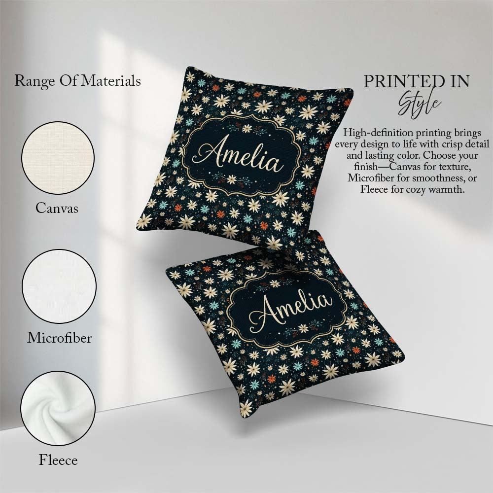 Custom Name Dark Floral Starburst Seamless Pattern Elegant Night Square Filled Cushion Throw Pillow Sofa Bed Home Decor Zip Washable UK Made