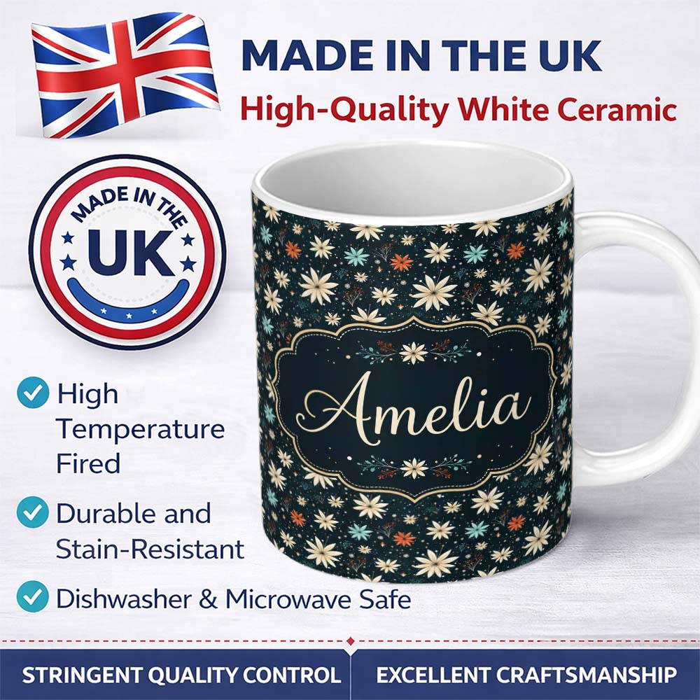 Personalized Custom Name Dark Floral Starburst Winter Seamless Pattern Elegant Night Garden 11oz Ceramic Coffee Tea Mug White Large Handle