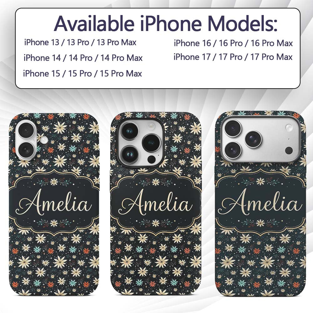 Dark Floral Starburst Winter Seamless Pattern Custom Name Protective Phone Case Mobile Cover Durable Everyday Smartphone Shock Resistant