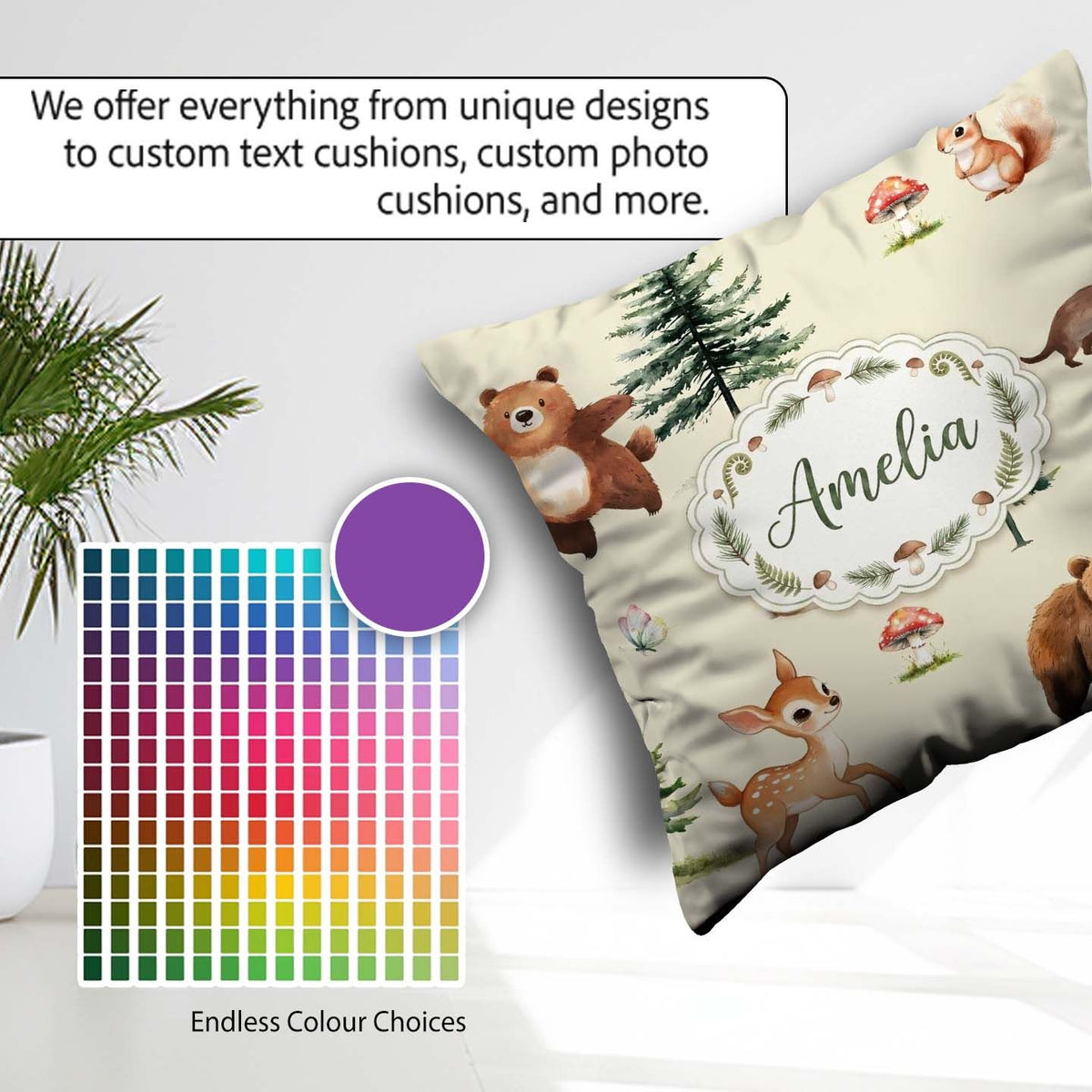 Custom Name Cute Woodland Forest Animals Bear Bunny Deer on Grey Square Filled Cushion Throw Pillow Sofa Bed Home Decor Zip Washable UK Made