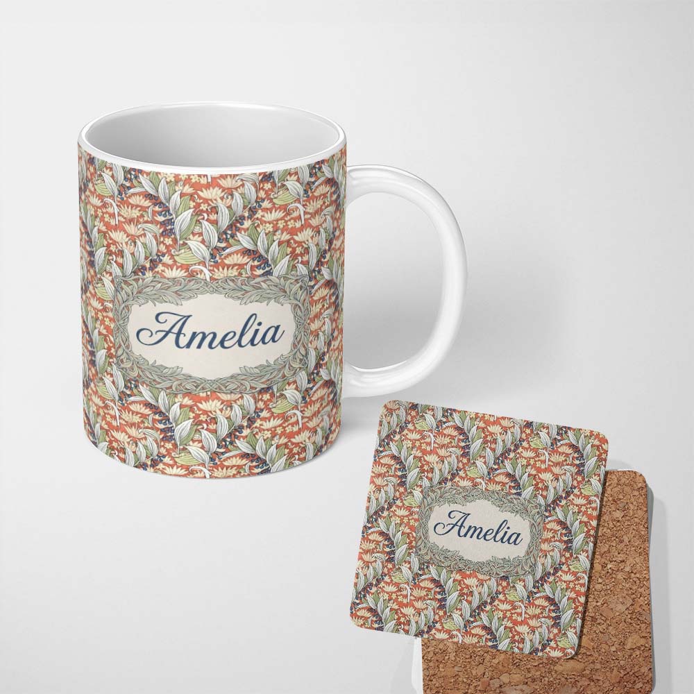 Personalized Custom Name Vintage Botanical Lily Floral Seamless Pattern Classic Art Nouveau 11oz Ceramic Coffee Tea Mug White Large Handle