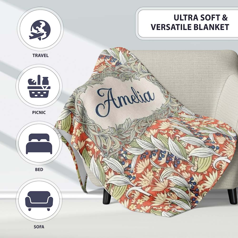 Vintage Botanical Lily Floral Seamless Pattern Classic Art Nouveau Personalised Custom Name Super Soft Fleece Blanket Bed Sofa Throw