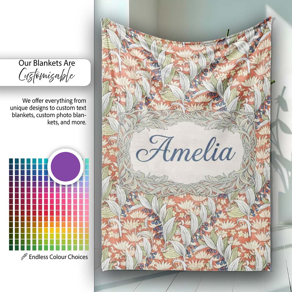 Vintage Botanical Lily Floral Seamless Pattern Classic Art Nouveau Personalised Custom Name Super Soft Fleece Blanket Bed Sofa Throw