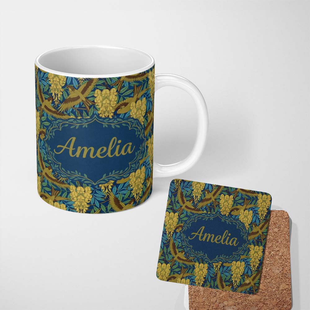 Personalized Custom Name Golden Birds and Wisteria Floral Seamless Pattern Art Nouveau 11oz Ceramic Coffee Tea Mug White Large Handle