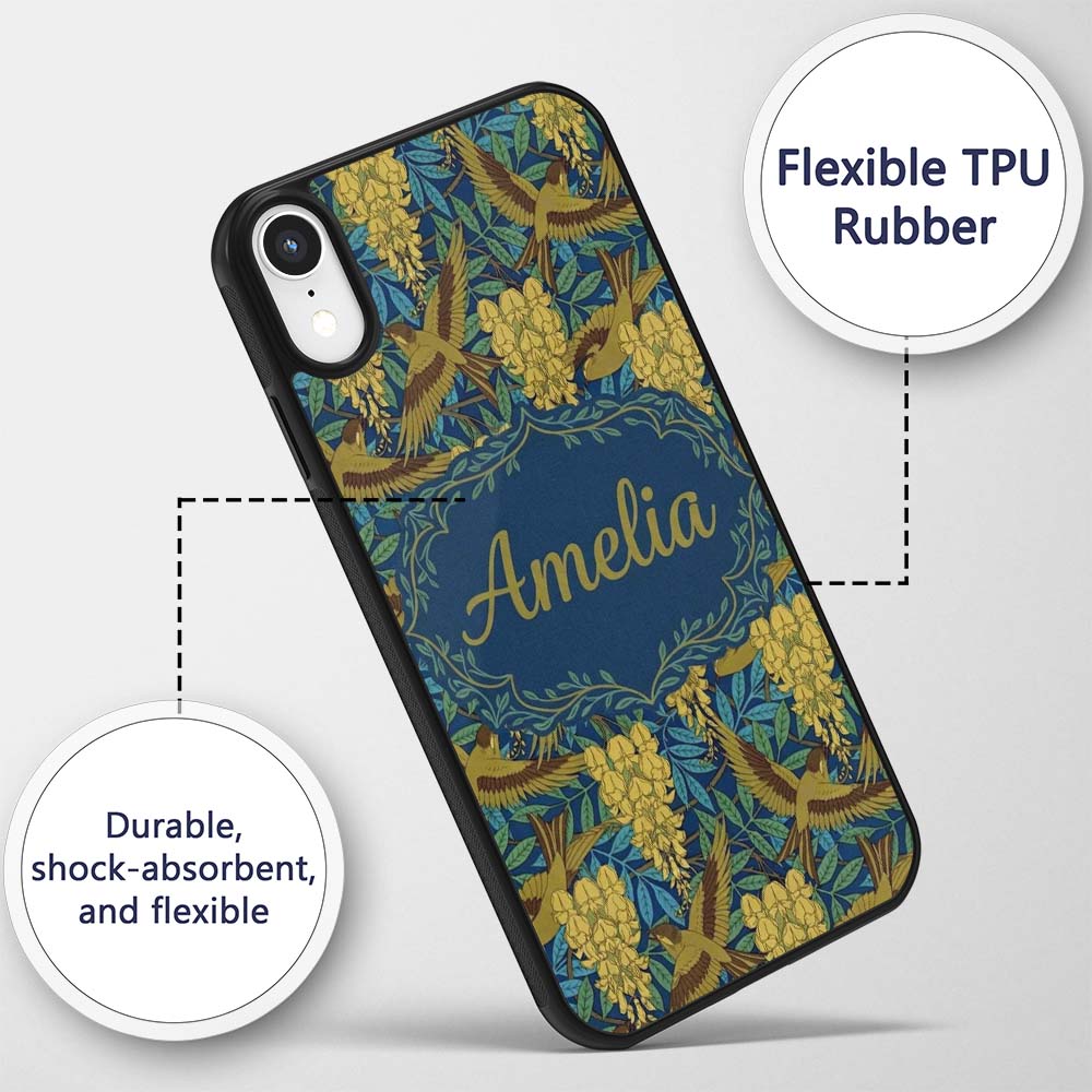 Golden Birds and Wisteria Floral Seamless Pattern Custom Name Protective Phone Case Mobile Cover Durable Everyday Smartphone Shock Resistant