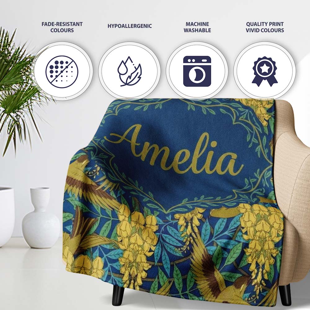 Golden Birds and Wisteria Floral Seamless Pattern Art Nouveau Personalised Custom Name Super Soft Fleece Blanket Bed Sofa Throw