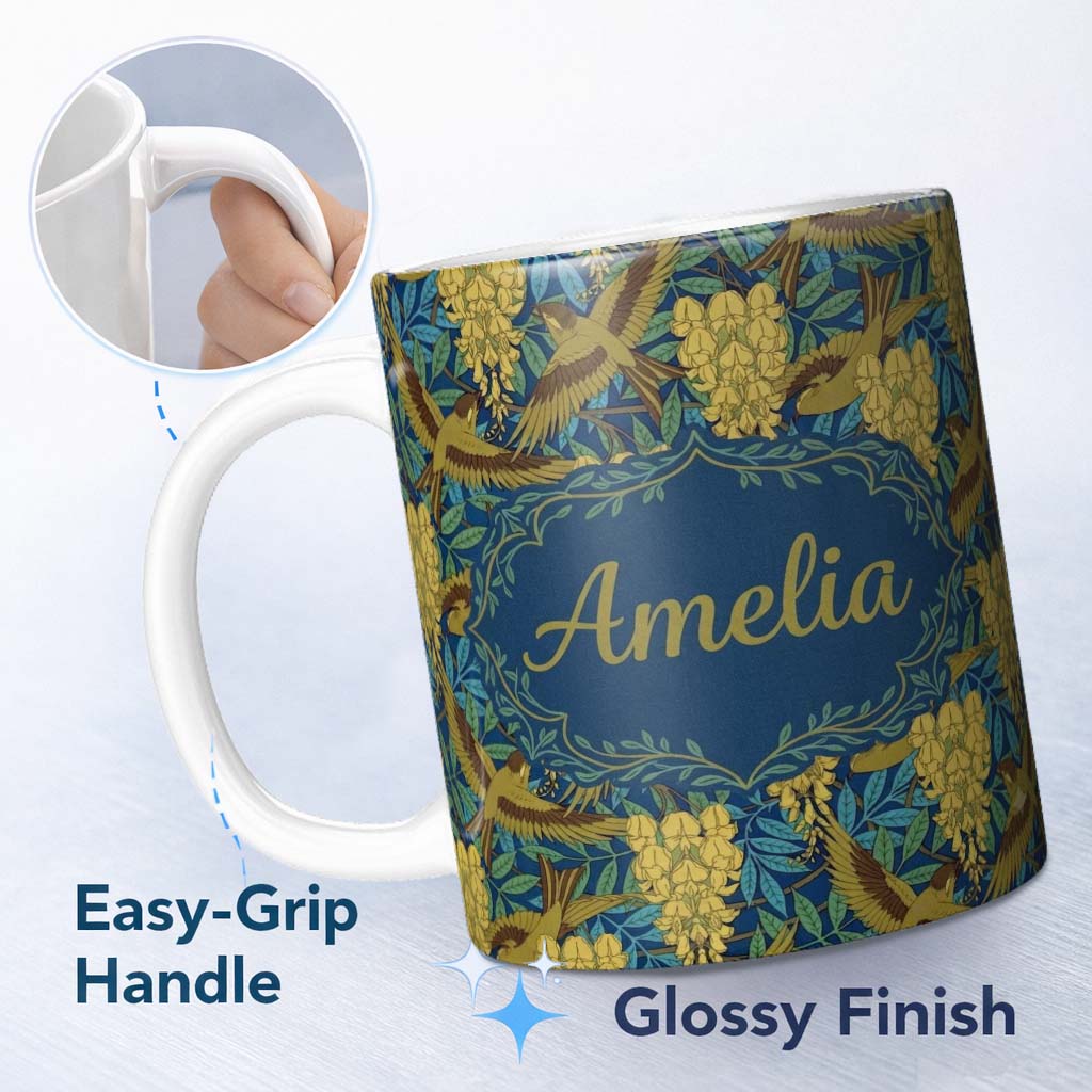 Personalized Custom Name Golden Birds and Wisteria Floral Seamless Pattern Art Nouveau 11oz Ceramic Coffee Tea Mug White Large Handle