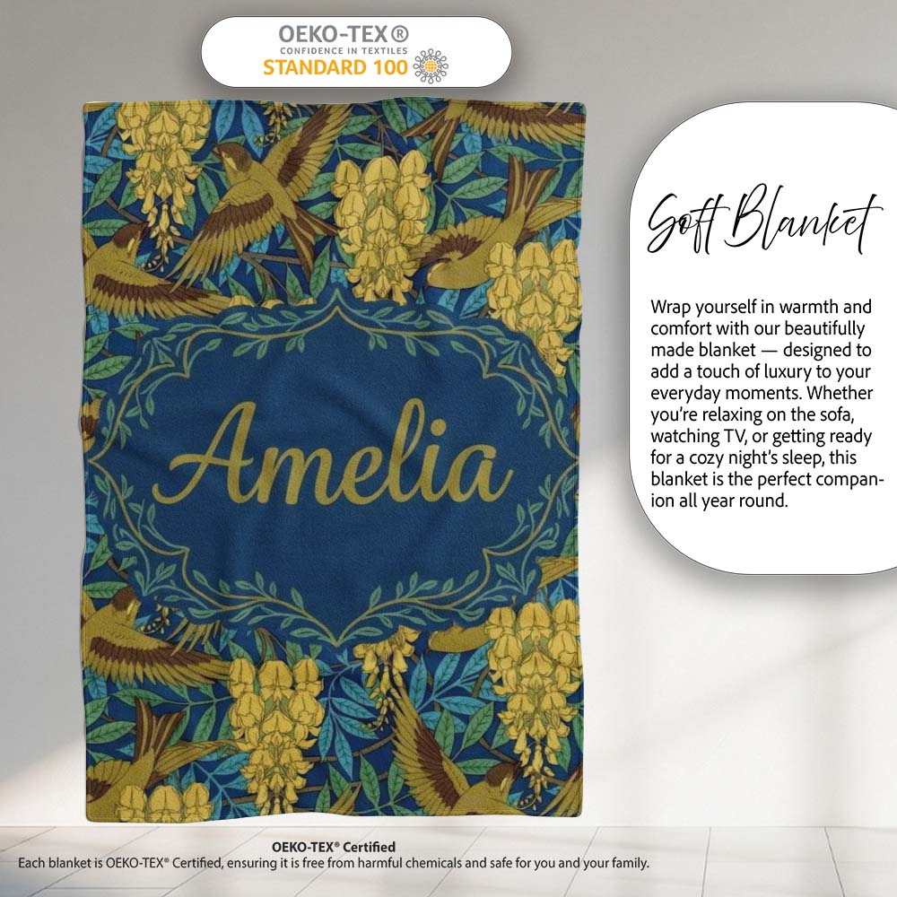 Golden Birds and Wisteria Floral Seamless Pattern Art Nouveau Personalised Custom Name Super Soft Fleece Blanket Bed Sofa Throw