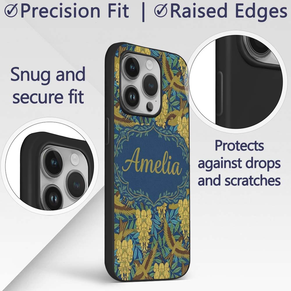 Golden Birds and Wisteria Floral Seamless Pattern Custom Name Protective Phone Case Mobile Cover Durable Everyday Smartphone Shock Resistant