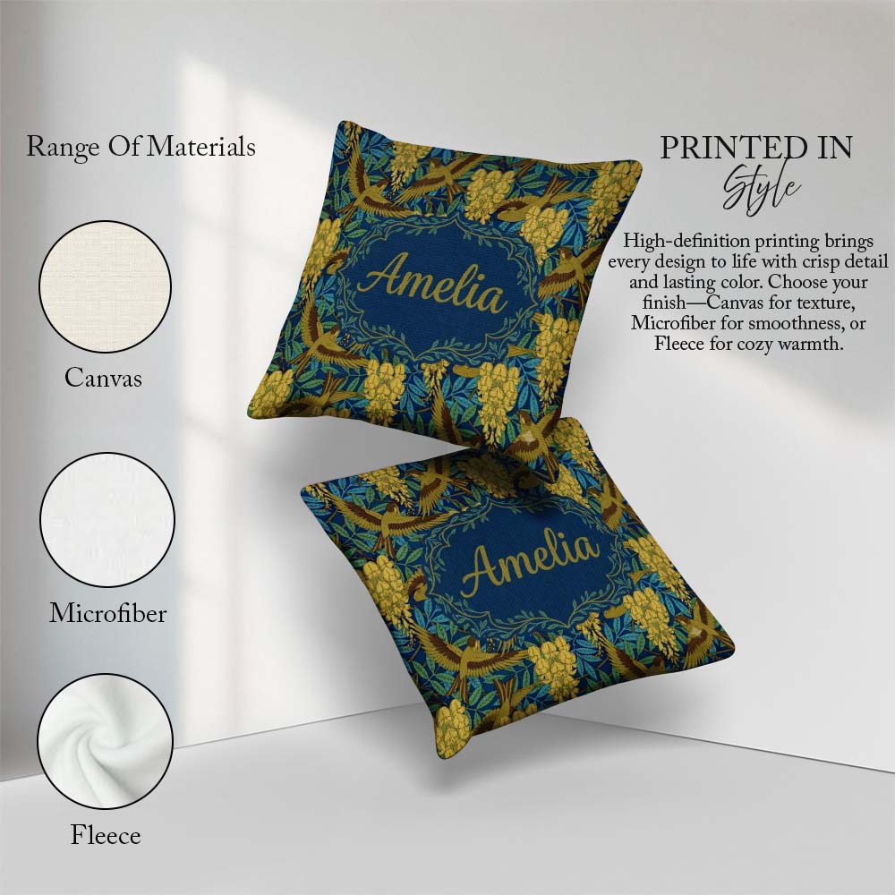 Custom Name Golden Birds and Wisteria Floral Pattern Art Nouveau Square Filled Cushion Throw Pillow Sofa Bed Home Decor Zip Washable UK Made