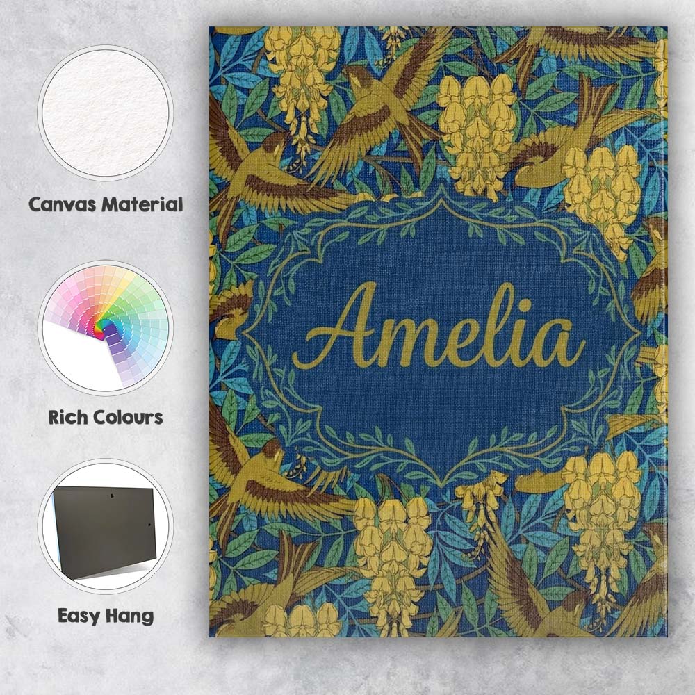 Personalised Name Golden Birds and Wisteria Custom Bespoke Interior Contemporary Canvas Wall Art Print Decor Picture Ready to Hang
