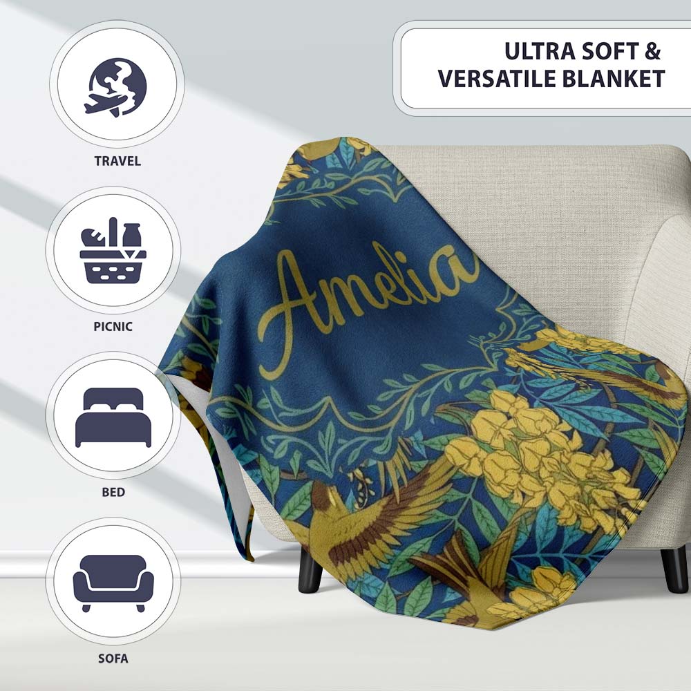 Golden Birds and Wisteria Floral Seamless Pattern Art Nouveau Personalised Custom Name Super Soft Fleece Blanket Bed Sofa Throw