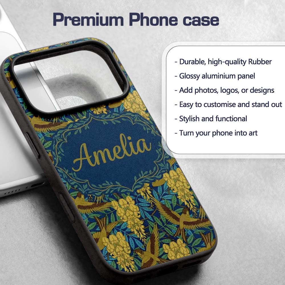 Golden Birds and Wisteria Floral Seamless Pattern Custom Name Protective Phone Case Mobile Cover Durable Everyday Smartphone Shock Resistant