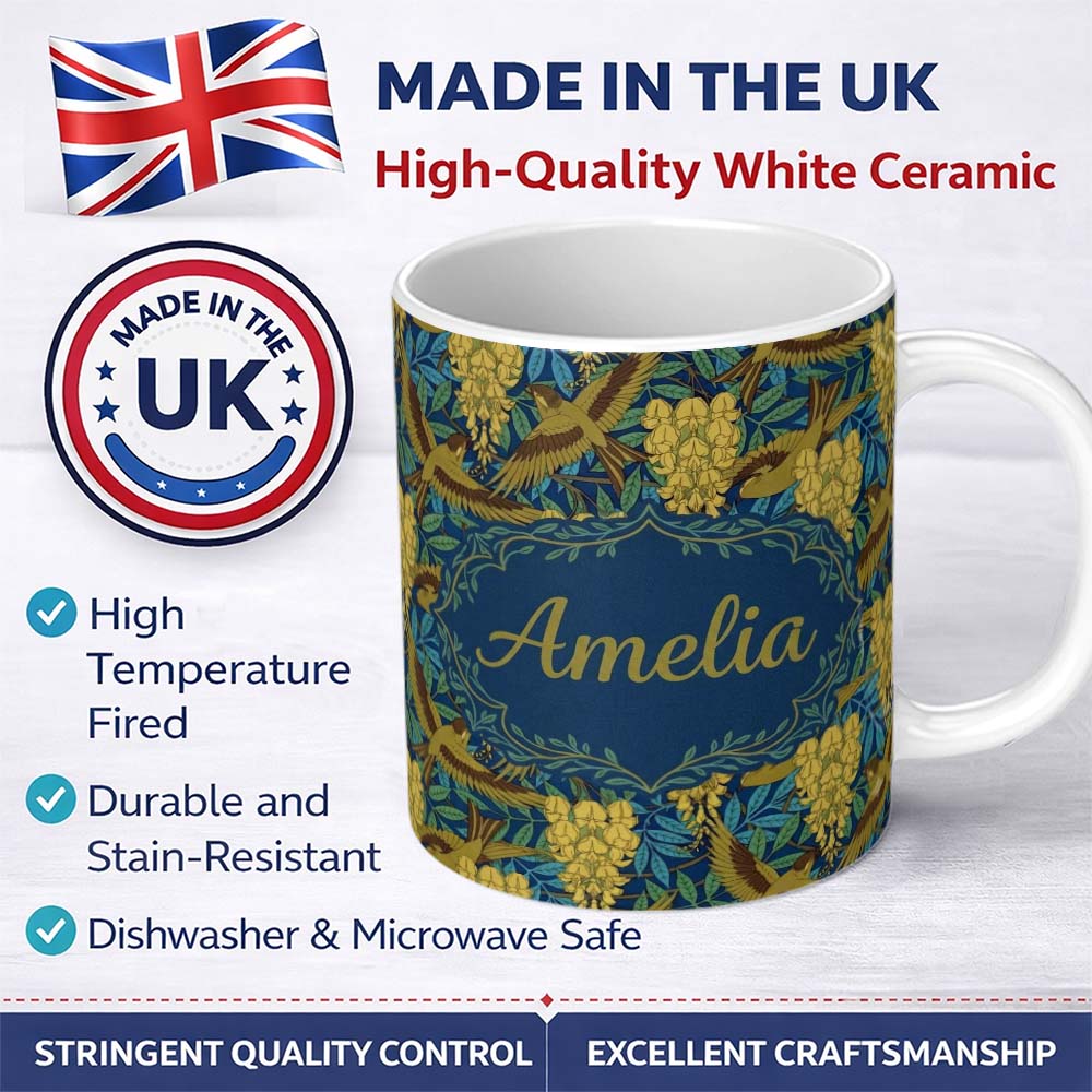 Personalized Custom Name Golden Birds and Wisteria Floral Seamless Pattern Art Nouveau 11oz Ceramic Coffee Tea Mug White Large Handle