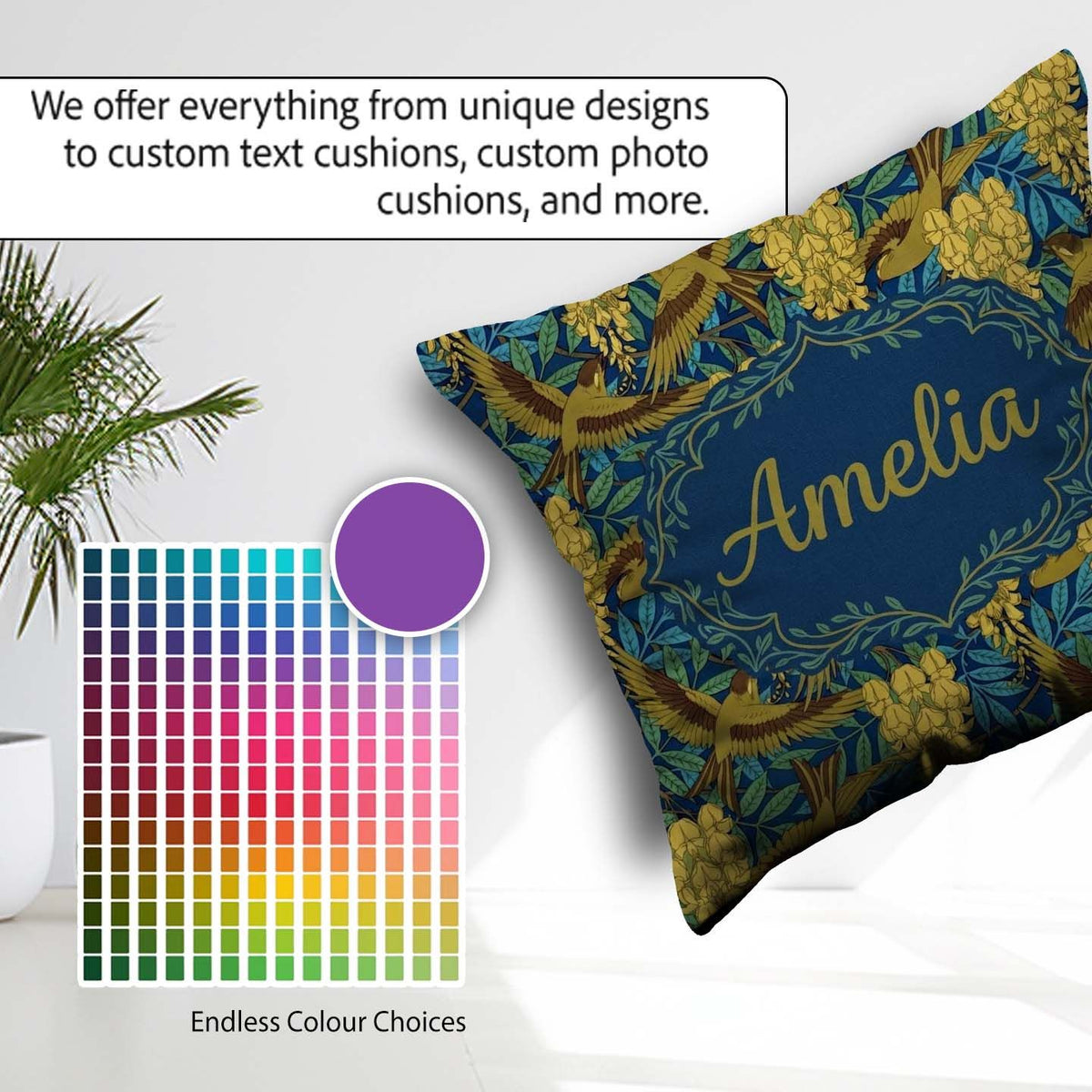 Custom Name Golden Birds and Wisteria Floral Pattern Art Nouveau Square Filled Cushion Throw Pillow Sofa Bed Home Decor Zip Washable UK Made