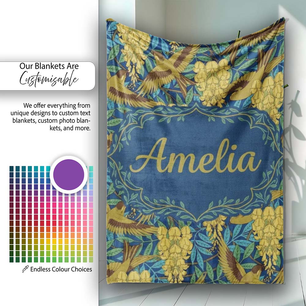 Golden Birds and Wisteria Floral Seamless Pattern Art Nouveau Personalised Custom Name Super Soft Fleece Blanket Bed Sofa Throw