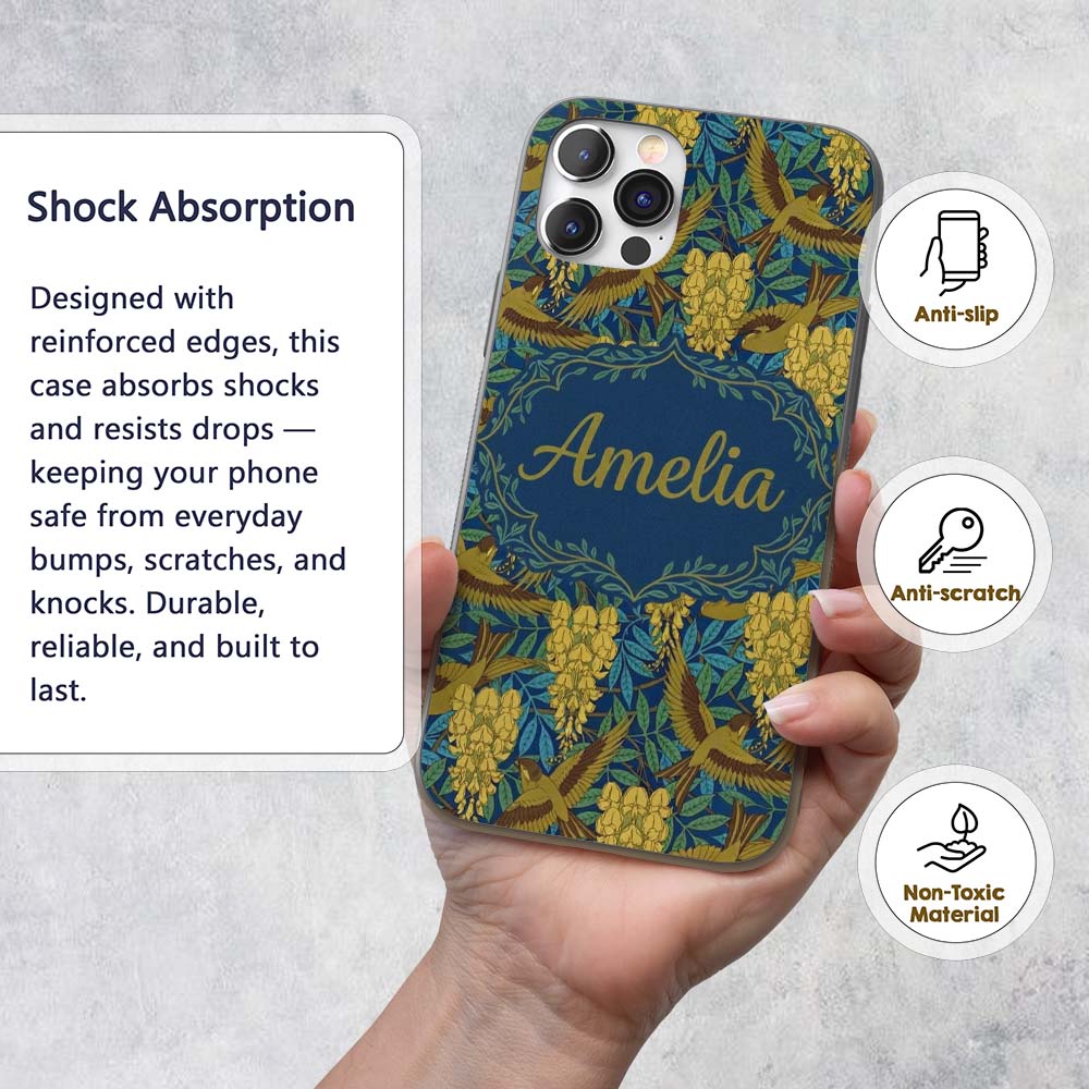 Golden Birds and Wisteria Floral Seamless Pattern Custom Name Protective Phone Case Mobile Cover Durable Everyday Smartphone Shock Resistant