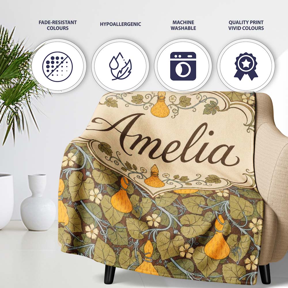 Autumn Gourd Vine Floral Seamless Pattern Rustic Harvest Nature Personalised Custom Name Super Soft Fleece Blanket Bed Sofa Throw