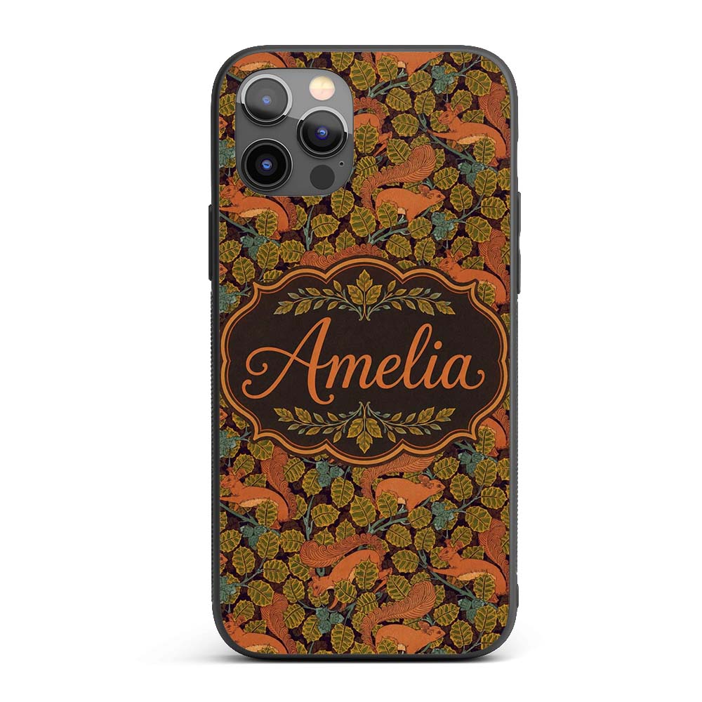 Woodland Squirrel Forest Leaves Seamless Pattern Custom Name Protective Phone Case Mobile Cover Durable Everyday Smartphone Shock Resistant