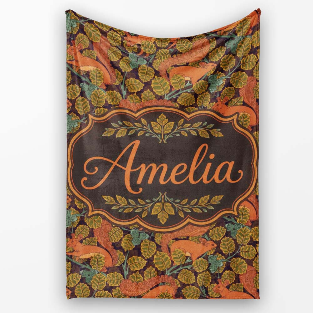Woodland Squirrel Forest Leaves Seamless Pattern Autumn Nature Personalised Custom Name Super Soft Fleece Blanket Bed Sofa Throw