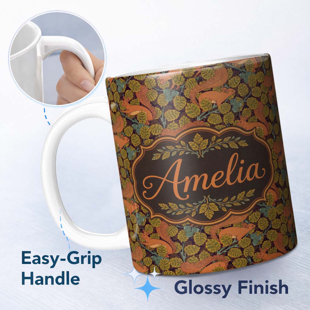 Personalized Custom Name Woodland Squirrel Forest Leaves Seamless Pattern Autumn Nature 11oz Ceramic Coffee Tea Mug White Large Handle