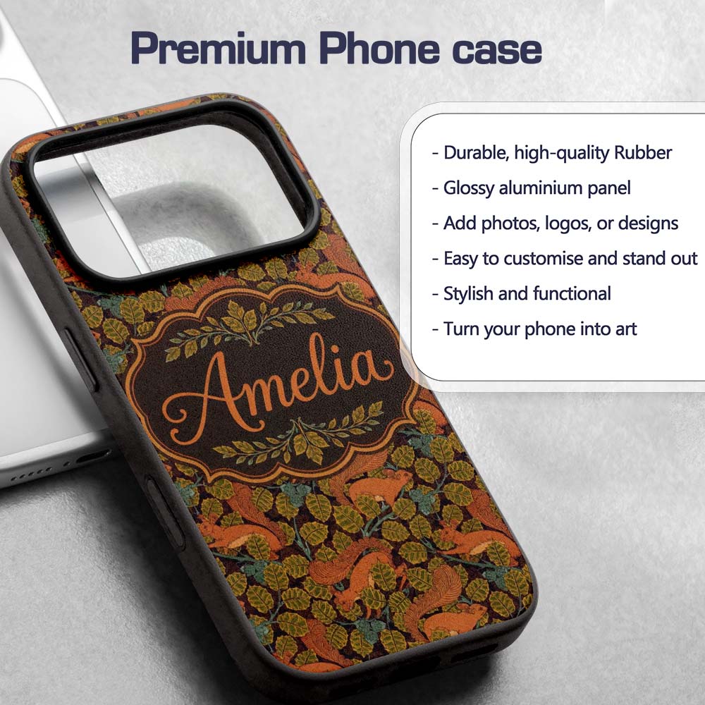 Woodland Squirrel Forest Leaves Seamless Pattern Custom Name Protective Phone Case Mobile Cover Durable Everyday Smartphone Shock Resistant