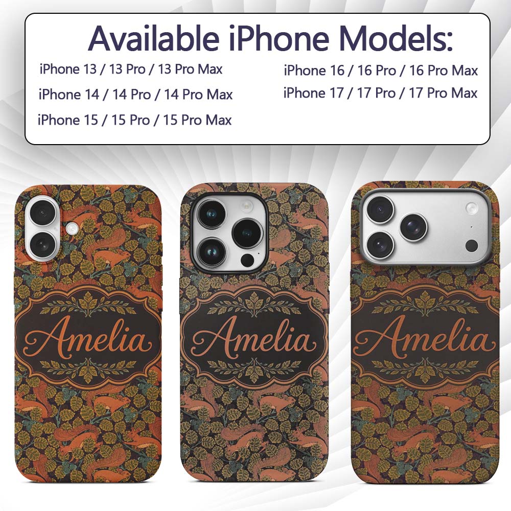 Woodland Squirrel Forest Leaves Seamless Pattern Custom Name Protective Phone Case Mobile Cover Durable Everyday Smartphone Shock Resistant