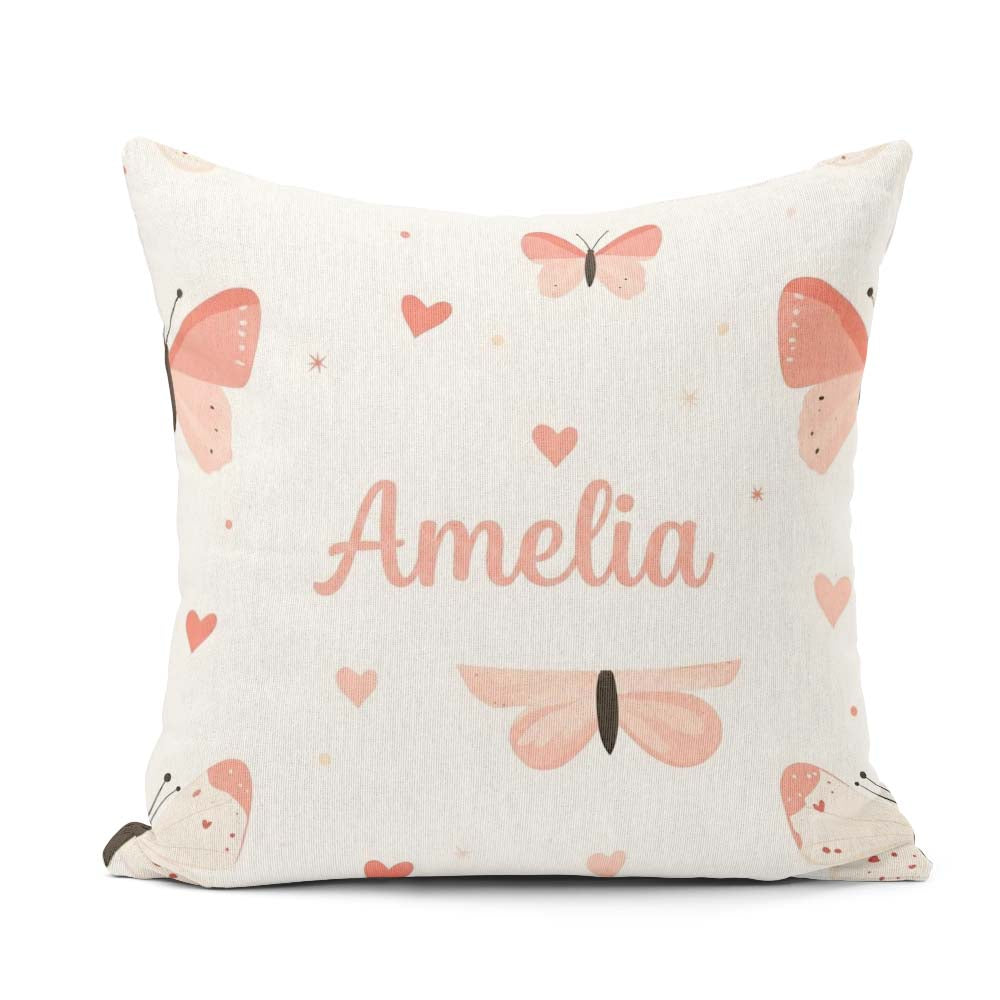 Custom Name Soft Butterfly Hearts Pastel Seamless Pattern Design Square Filled Cushion Throw Pillow Sofa Bed Home Decor Zip Washable UK Made