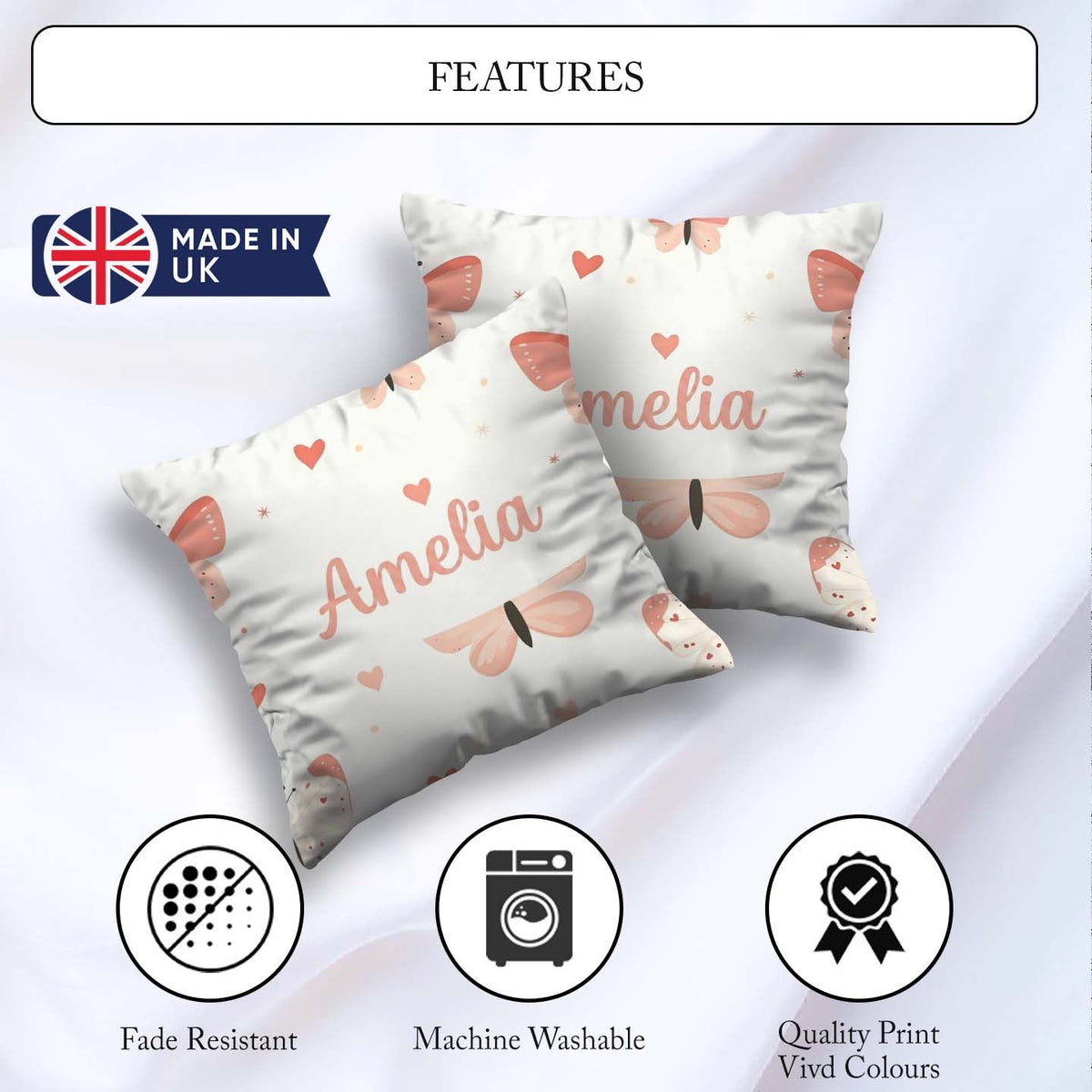Custom Name Soft Butterfly Hearts Pastel Seamless Pattern Design Square Filled Cushion Throw Pillow Sofa Bed Home Decor Zip Washable UK Made