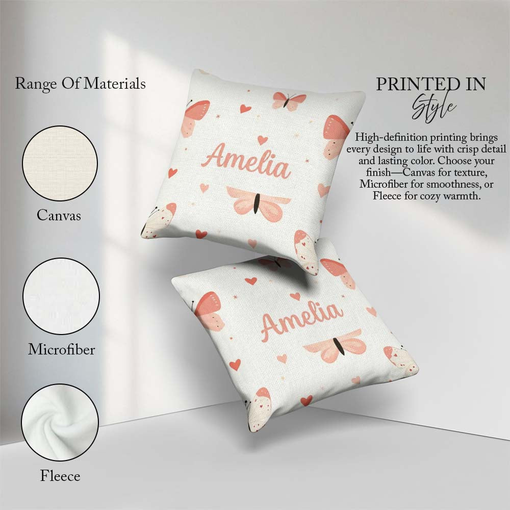 Custom Name Soft Butterfly Hearts Pastel Seamless Pattern Design Square Filled Cushion Throw Pillow Sofa Bed Home Decor Zip Washable UK Made