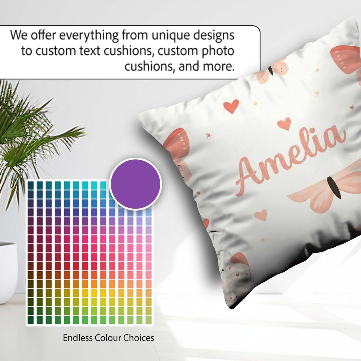 Custom Name Soft Butterfly Hearts Pastel Seamless Pattern Design Square Filled Cushion Throw Pillow Sofa Bed Home Decor Zip Washable UK Made