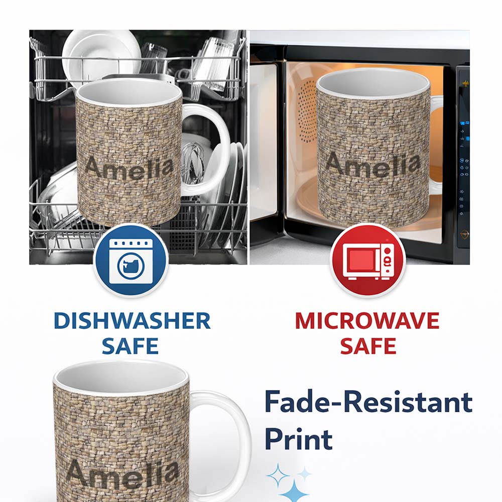 Personalized Custom Name Natural Stone Wall Texture Seamless Pattern Rustic Brick Design 11oz Ceramic Coffee Tea Mug White Large Handle