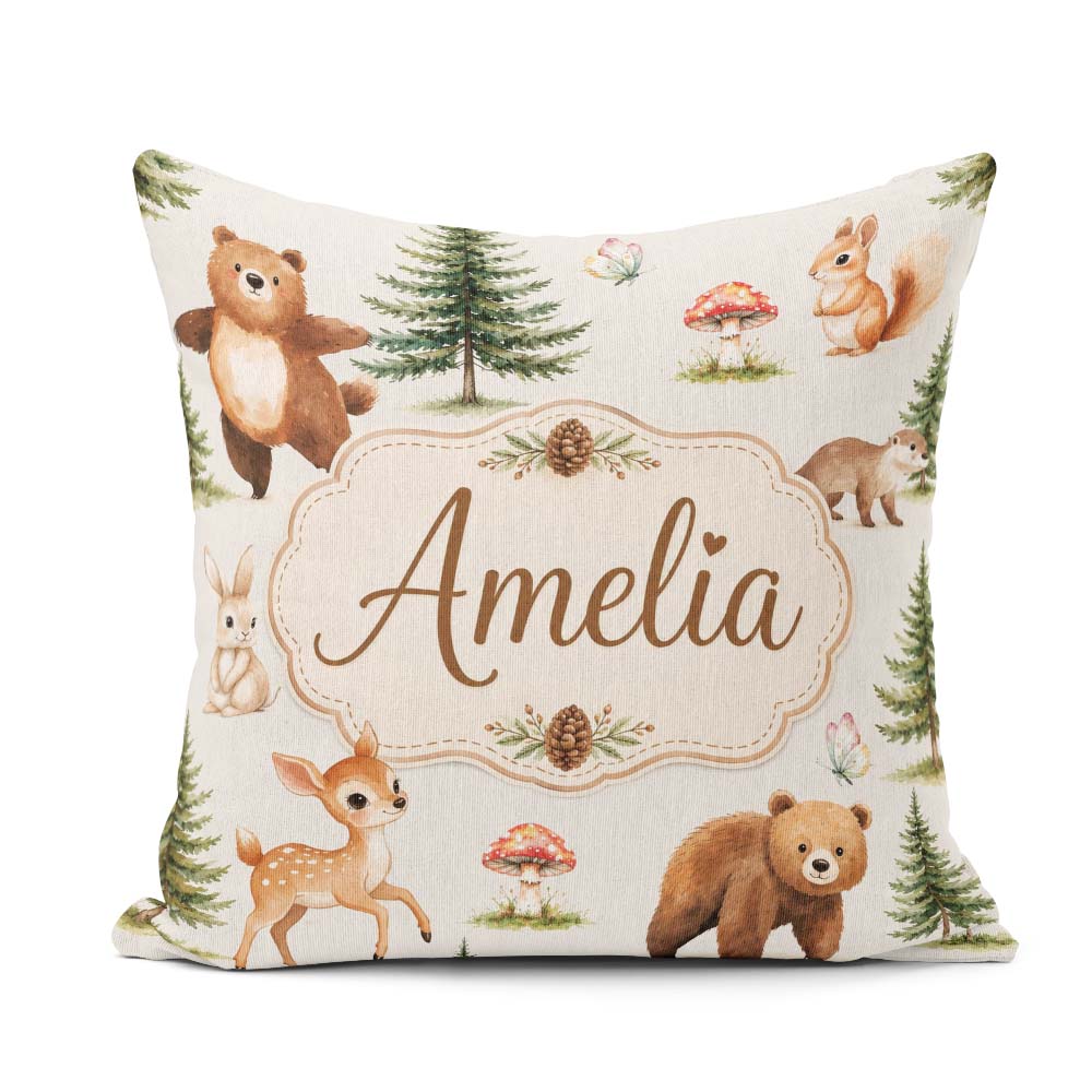 Custom Name Cute Woodland Forest Animals Bear Bunny Deer on Soft Square Filled Cushion Throw Pillow Sofa Bed Home Decor Zip Washable UK Made