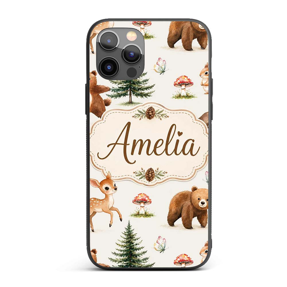 Cute Woodland Forest Animals Bear Bunny Deer on Custom Name Protective Phone Case Mobile Cover Durable Everyday Smartphone Shock Resistant