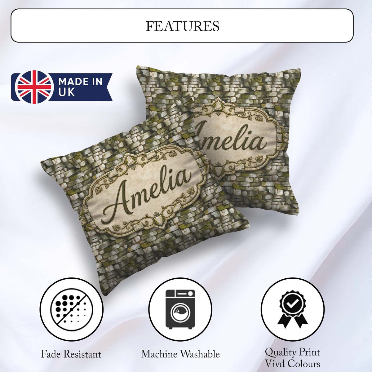 Custom Name Mossy Stone Wall Pattern Rustic Natural Rock Texture Square Filled Cushion Throw Pillow Sofa Bed Home Decor Zip Washable UK Made