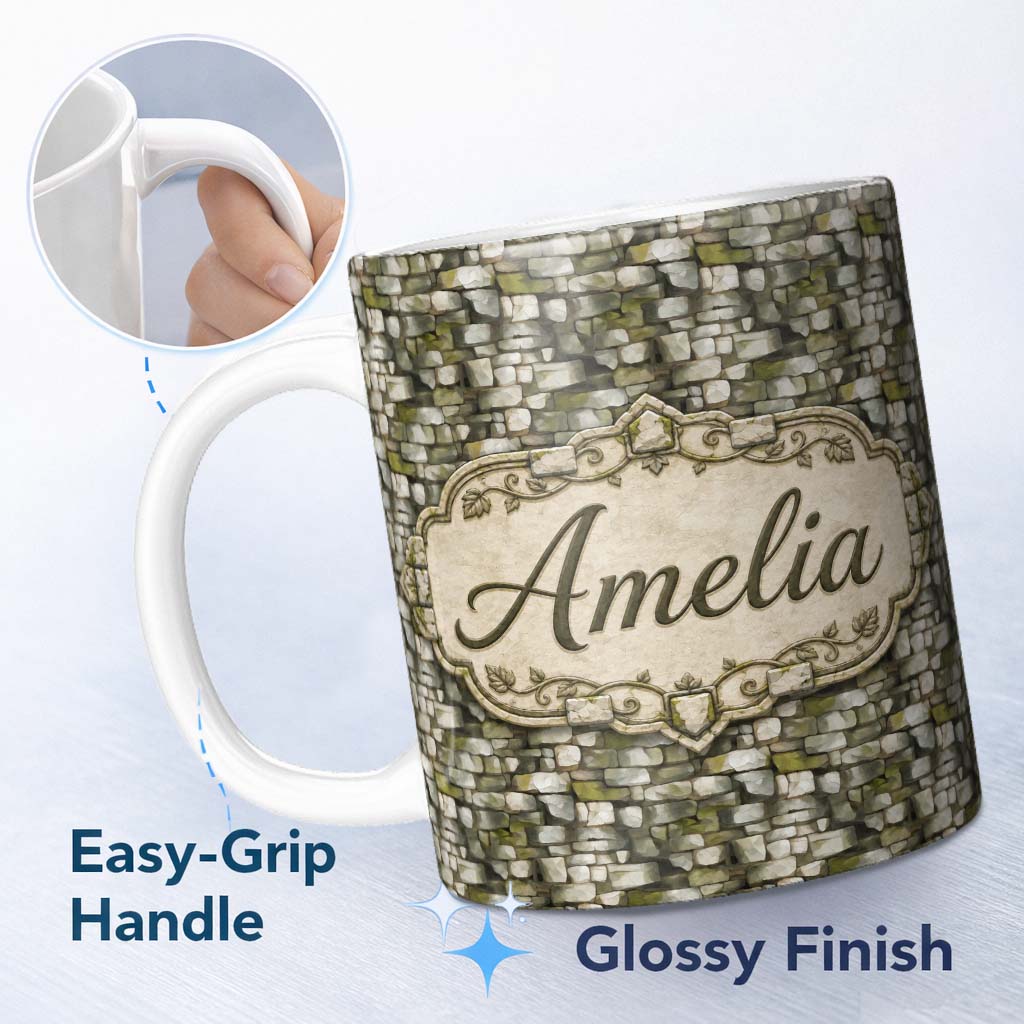 Personalized Custom Name Mossy Stone Wall Seamless Pattern Rustic Natural Rock Texture Name 11oz Ceramic Coffee Tea Mug White Large Handle