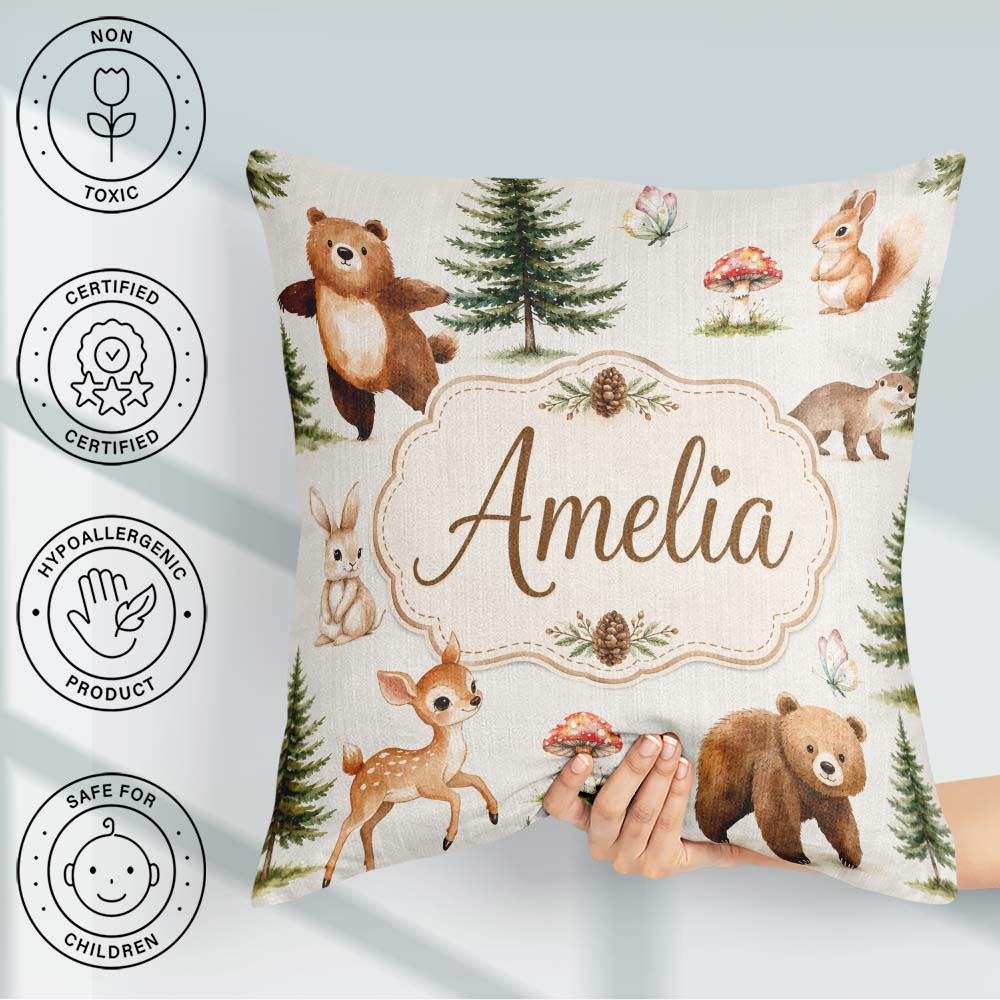 Custom Name Cute Woodland Forest Animals Bear Bunny Deer on Soft Square Filled Cushion Throw Pillow Sofa Bed Home Decor Zip Washable UK Made