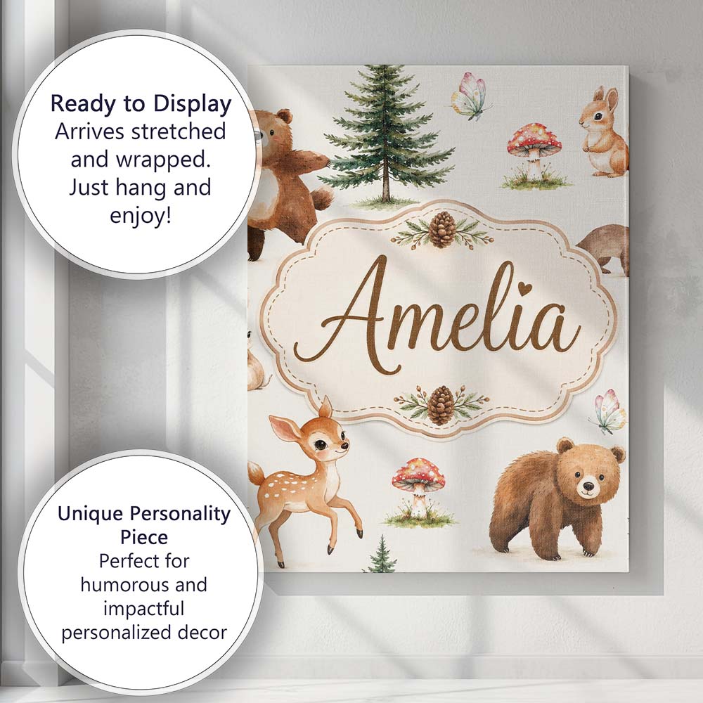 Personalised Name Cute Woodland Forest Custom Modern Room Accent Elegant Feature Canvas Wall Art Print Decor Picture Ready to Hang