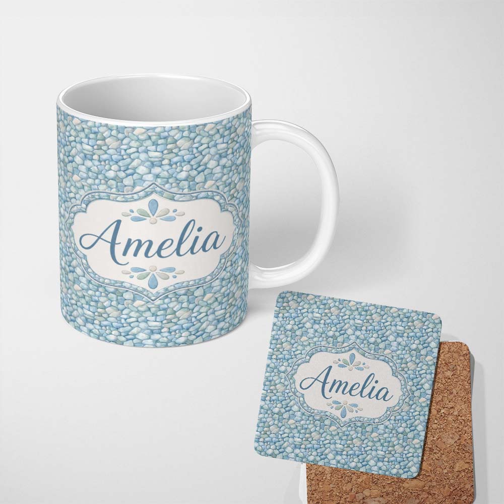 Personalized Custom Name Light Blue Pebble Stone Seamless Pattern Soft Coastal Rock Texture 11oz Ceramic Coffee Tea Mug White Large Handle