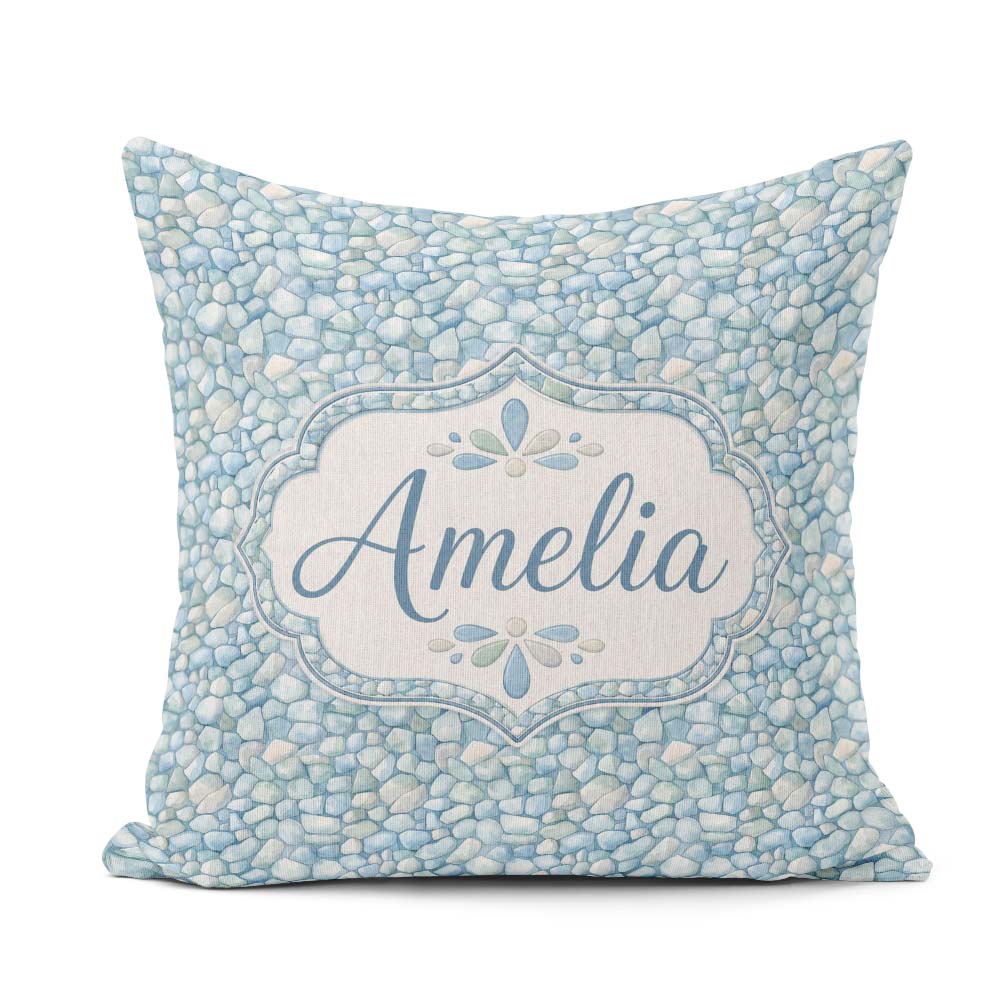 Custom Name Light Blue Pebble Seamless Pattern Soft Coastal Rock Square Filled Cushion Throw Pillow Sofa Bed Home Decor Zip Washable UK Made