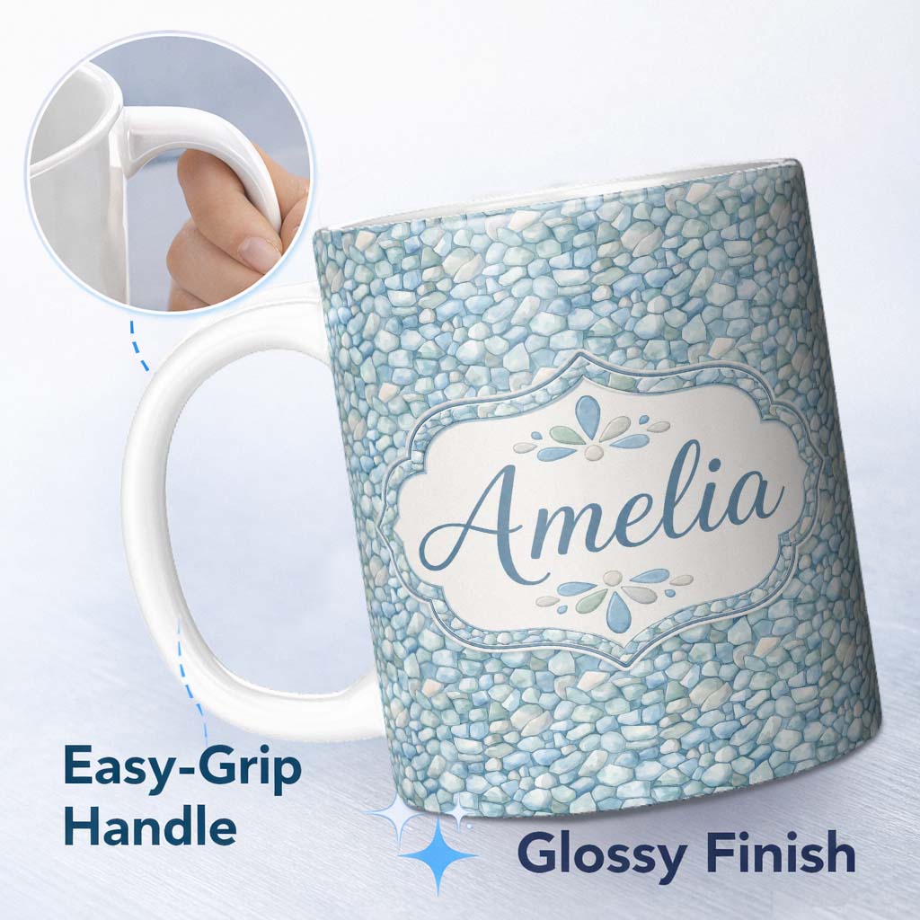 Personalized Custom Name Light Blue Pebble Stone Seamless Pattern Soft Coastal Rock Texture 11oz Ceramic Coffee Tea Mug White Large Handle