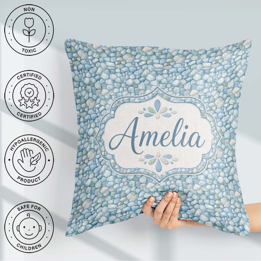 Custom Name Light Blue Pebble Seamless Pattern Soft Coastal Rock Square Filled Cushion Throw Pillow Sofa Bed Home Decor Zip Washable UK Made