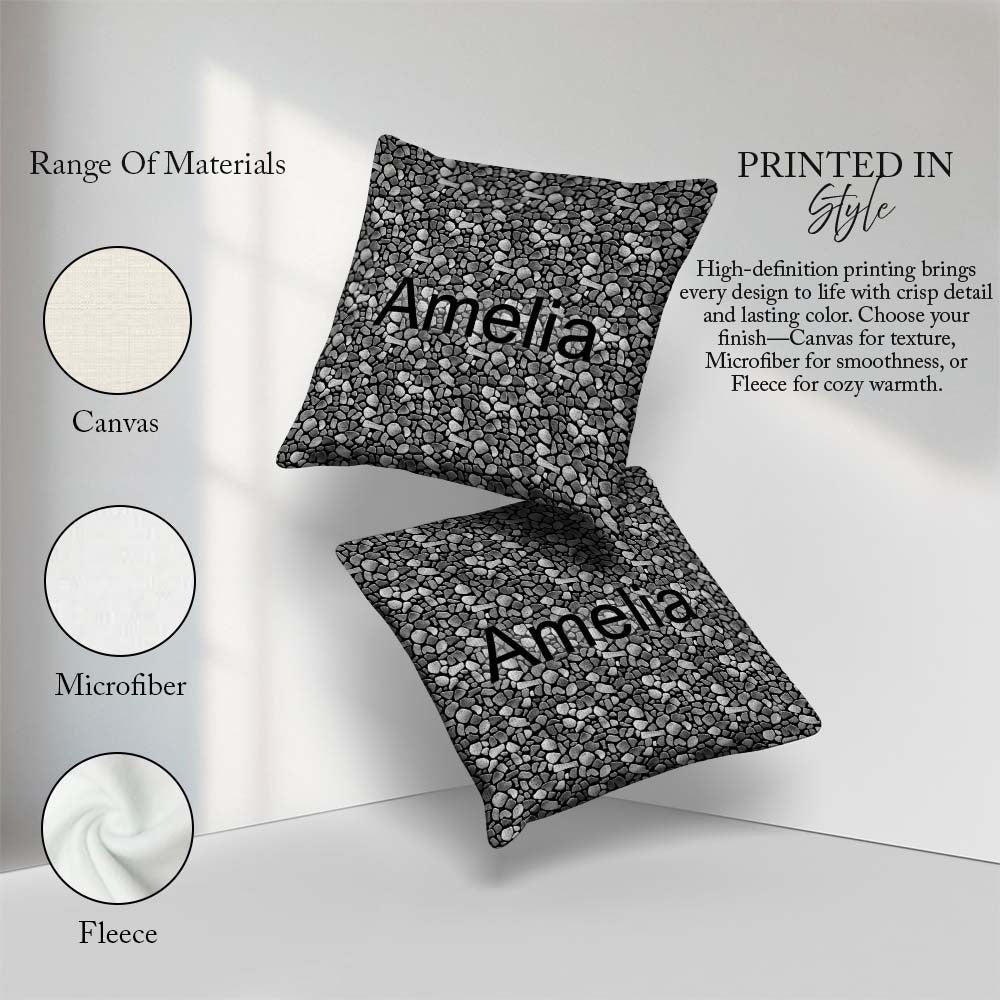 Custom Name Black Grey Pebble Stone Seamless Pattern Modern Rock Square Filled Cushion Throw Pillow Sofa Bed Home Decor Zip Washable UK Made