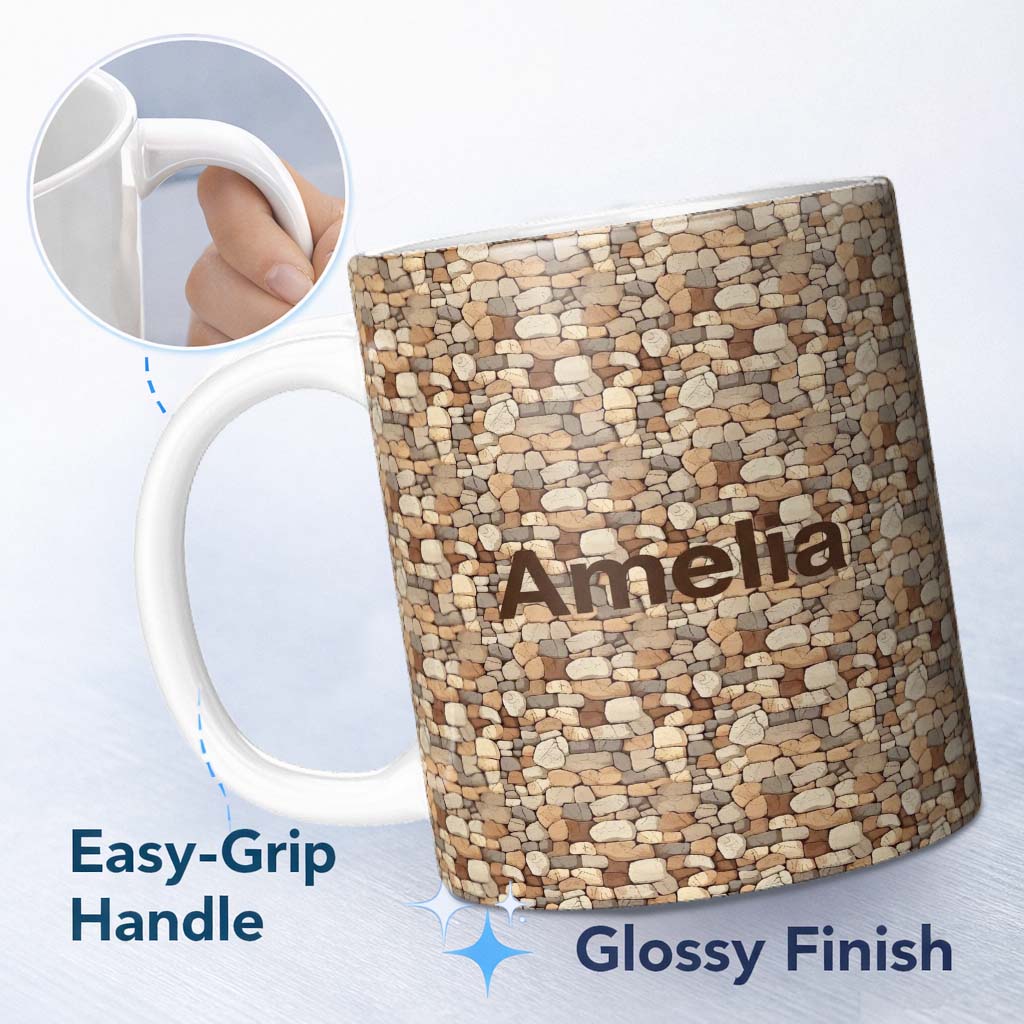 Personalized Custom Name Warm Beige Stone Wall Seamless Pattern Rustic Natural Rock Texture 11oz Ceramic Coffee Tea Mug White Large Handle