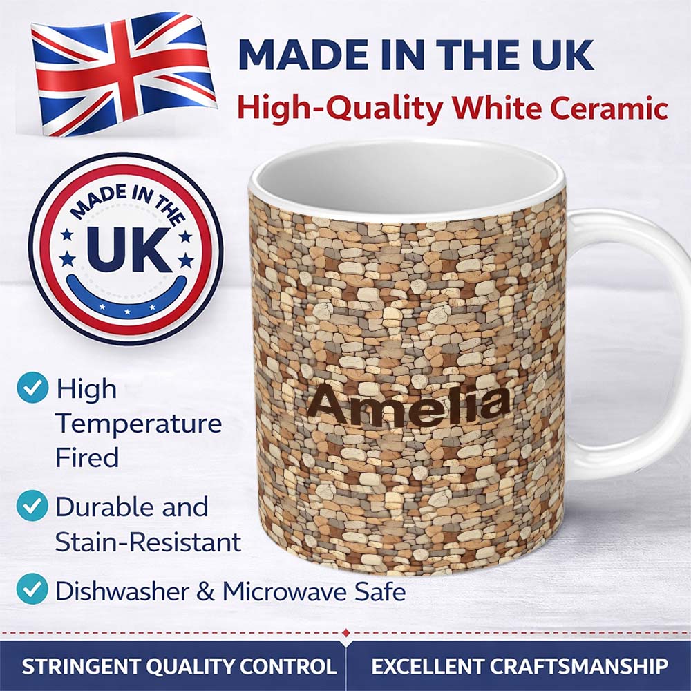 Personalized Custom Name Warm Beige Stone Wall Seamless Pattern Rustic Natural Rock Texture 11oz Ceramic Coffee Tea Mug White Large Handle
