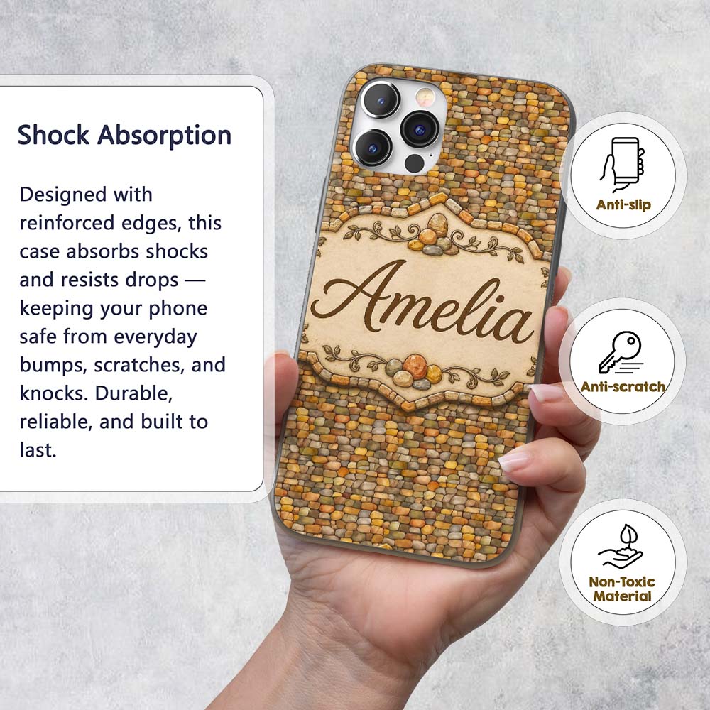 Golden Brown Pebble Stone Seamless Pattern Earth Custom Name Protective Phone Case Mobile Cover Durable Everyday Smartphone Shock Resistant