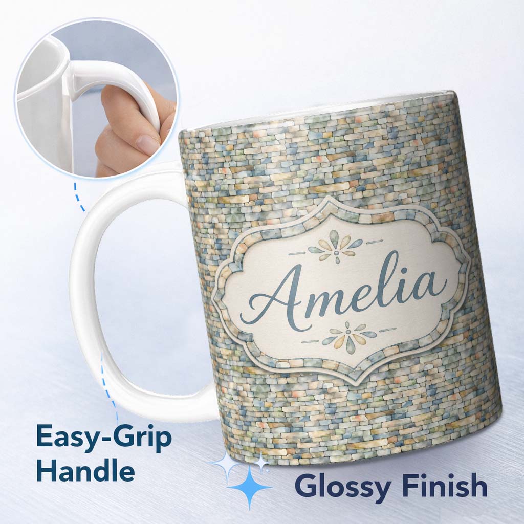 Personalized Custom Name Mixed Colour Pebble Stone Seamless Pattern Natural Rock Texture 11oz Ceramic Coffee Tea Mug White Large Handle