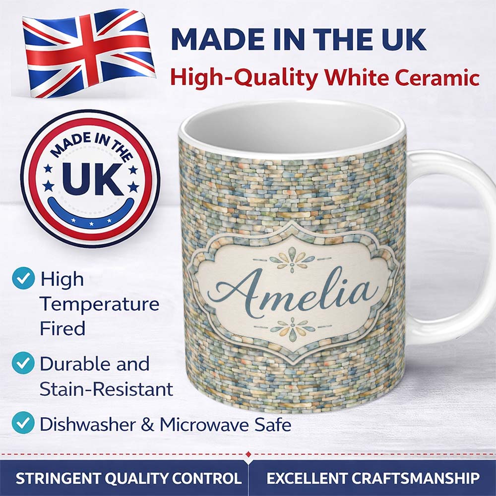 Personalized Custom Name Mixed Colour Pebble Stone Seamless Pattern Natural Rock Texture 11oz Ceramic Coffee Tea Mug White Large Handle