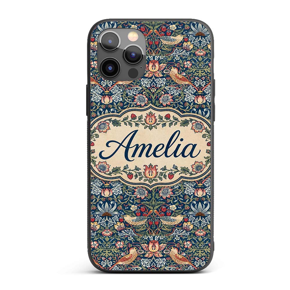 Vintage Floral Birds Strawberry Seamless Pattern Custom Name Protective Phone Case Mobile Cover Durable Everyday Smartphone Shock Resistant